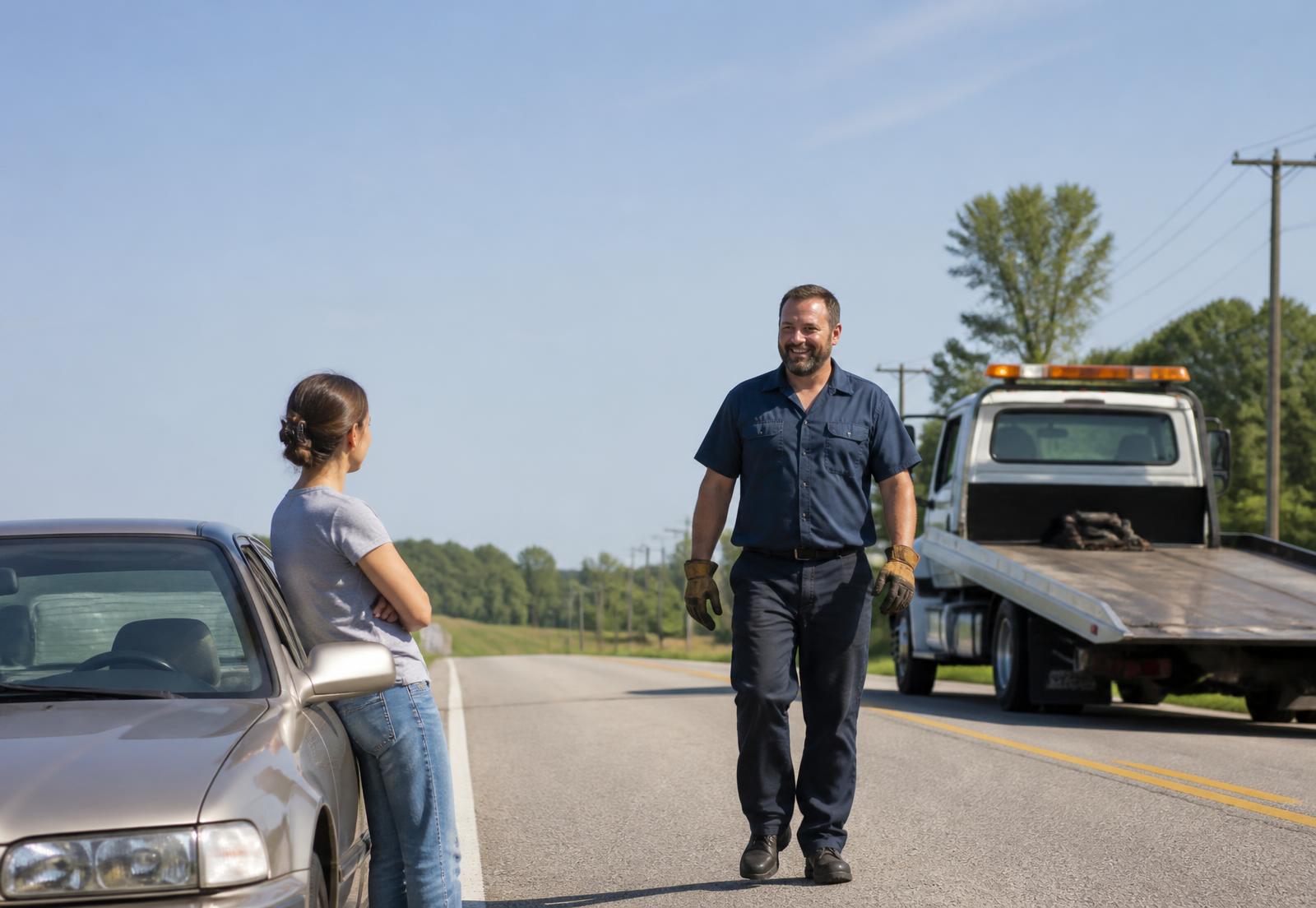 A tow truck driver walking up to help a driver on a Mid-South highway